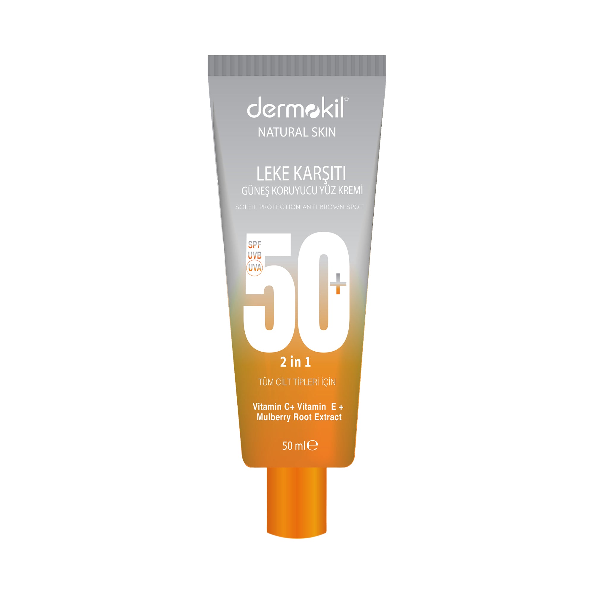 Leke karşıtı SPF 50 güneş kremi ile cildi UV ışınlarına karşı koruyan, leke oluşumunu önlemeye yardımcı olan ve cilt tonunu destekleyen güneş koruyucu