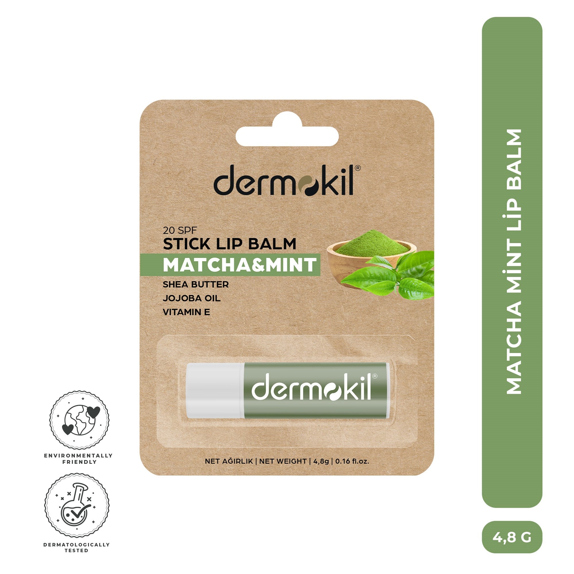 Matcha ve mentol içeren dudak nemlendirici lip balm ile dudakları besleyen, nemlendiren ve ferahlatıcı etkisiyle gün boyu yumuşak, canlı ve doğal görünüm kazandıran bakım ürünü