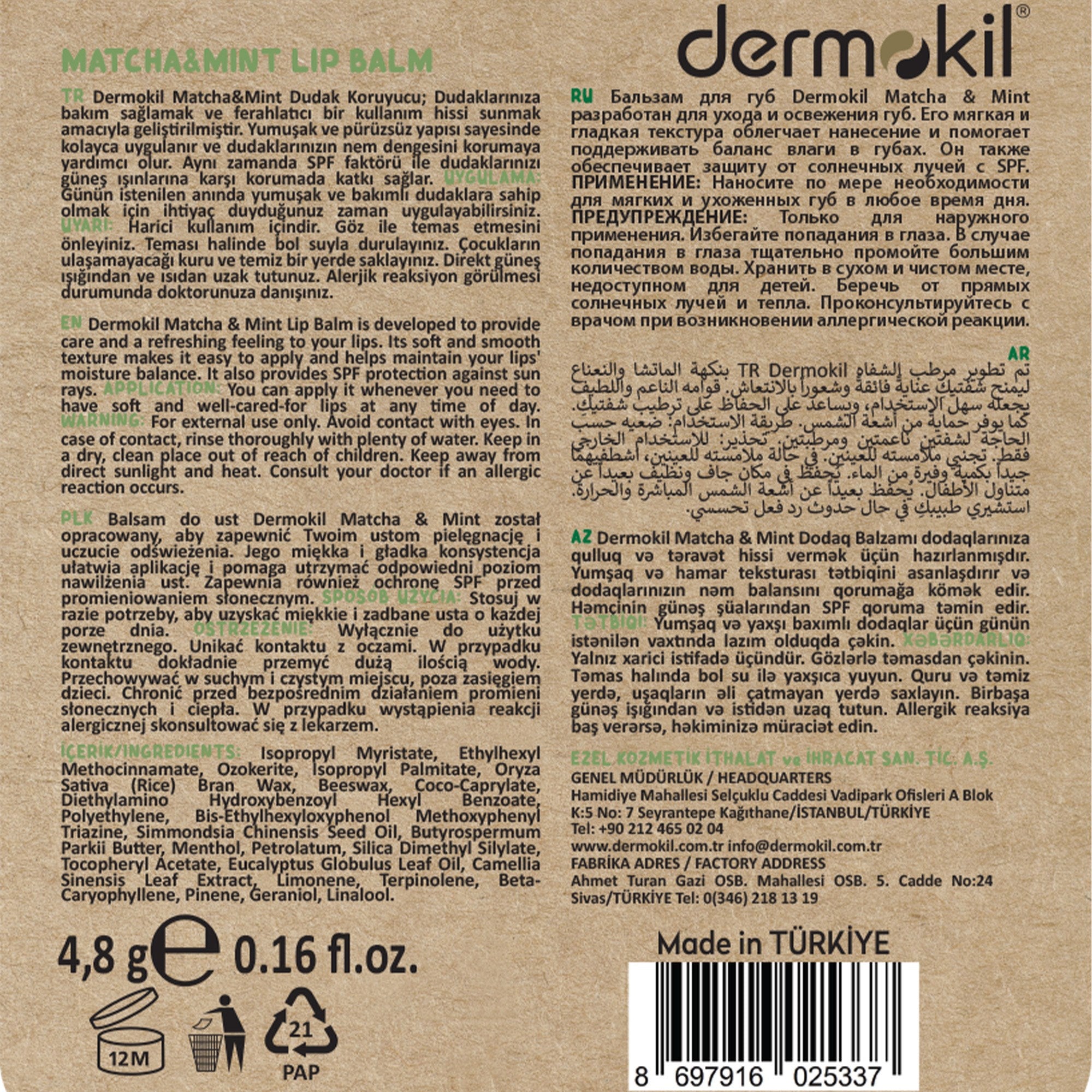 Matcha ve mentol içeren dudak nemlendirici lip balm ile dudakları besleyen, nemlendiren ve ferahlatıcı etkisiyle gün boyu yumuşak, canlı ve doğal görünüm kazandıran bakım ürünü