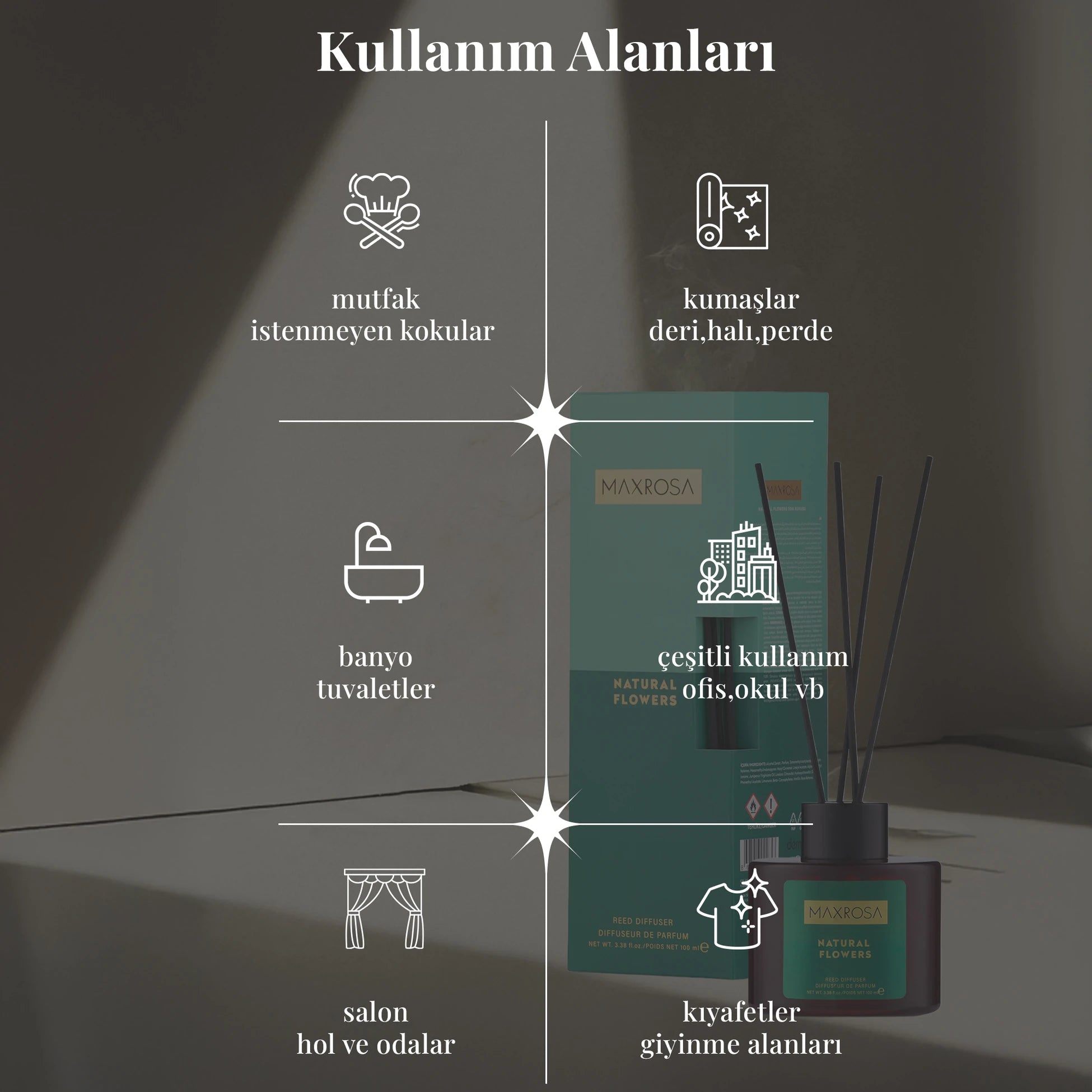 Maxrosa Natural Flower reed diffuser çubuklu oda kokusu ile yaşam alanlarında kalıcı ve hoş bir koku sağlayan, dekoratif tasarımıyla ortama doğal ve ferah bir atmosfer kazandıran oda kokusu