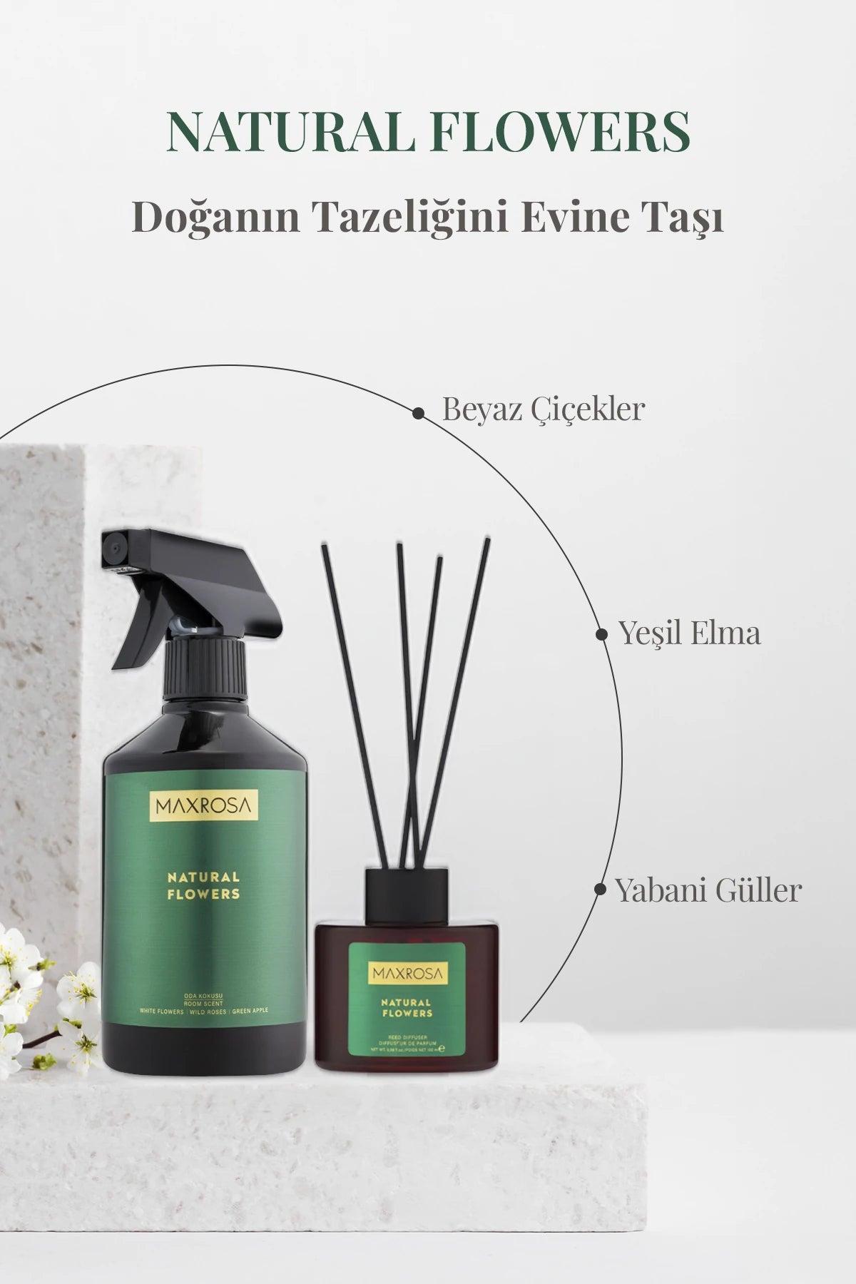 Maxrosa Natural Flower reed diffuser çubuklu oda kokusu ile yaşam alanlarında kalıcı ve hoş bir koku sağlayan, dekoratif tasarımıyla ortama doğal ve ferah bir atmosfer kazandıran oda kokusu