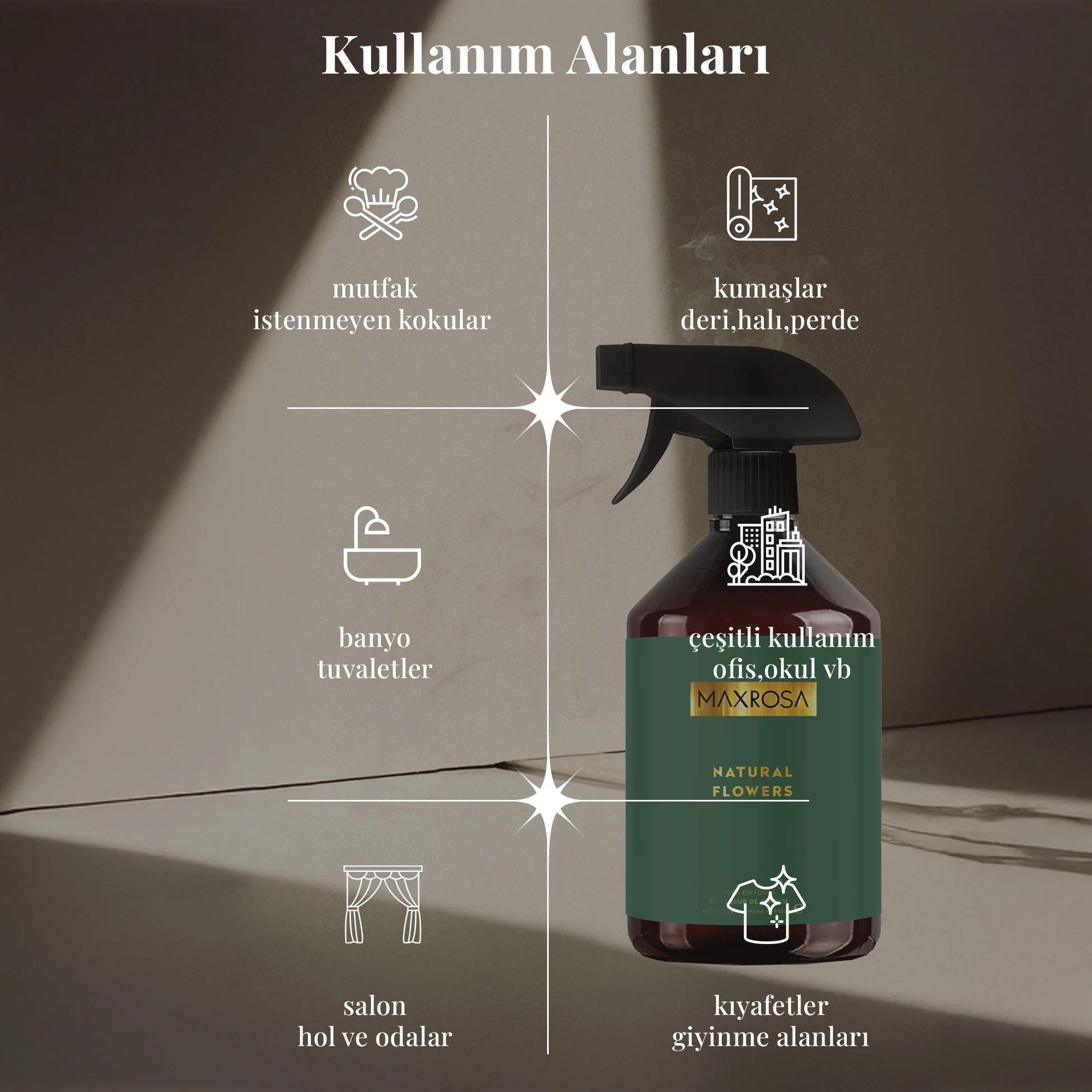 Maxrosa Natural Flower oda koku spreyi ile yaşam alanlarında anında ferahlık sağlayan, kalıcı hoş kokusu ile ortamın atmosferini yenileyen etkili oda kokusu
