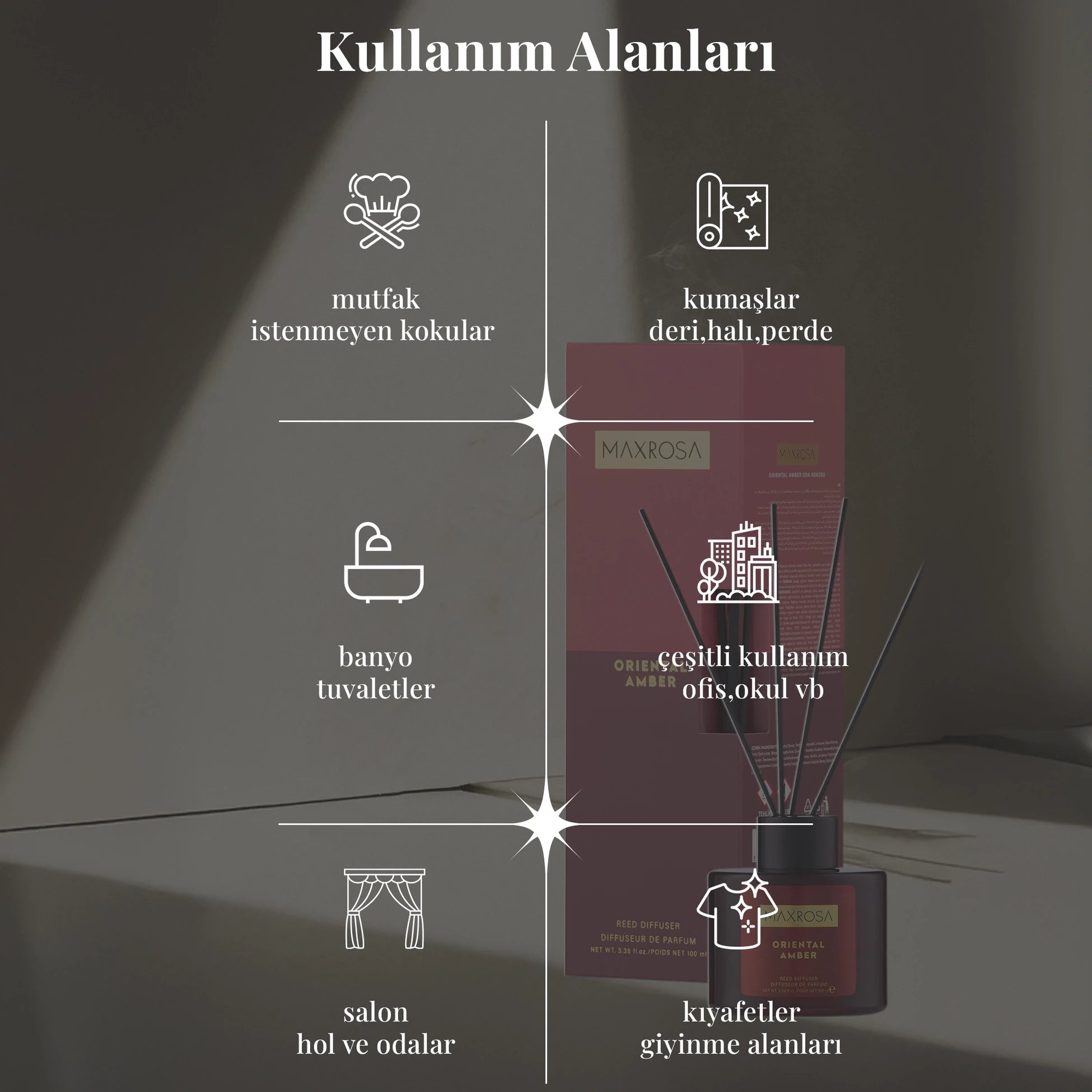 Maxrosa Oriental Amber reed diffuser çubuklu oda kokusu ile yaşam alanlarında kalıcı ve etkileyici bir koku sağlayan, dekoratif tasarımıyla ortama sıcak ve şık bir atmosfer kazandıran oda kokusu