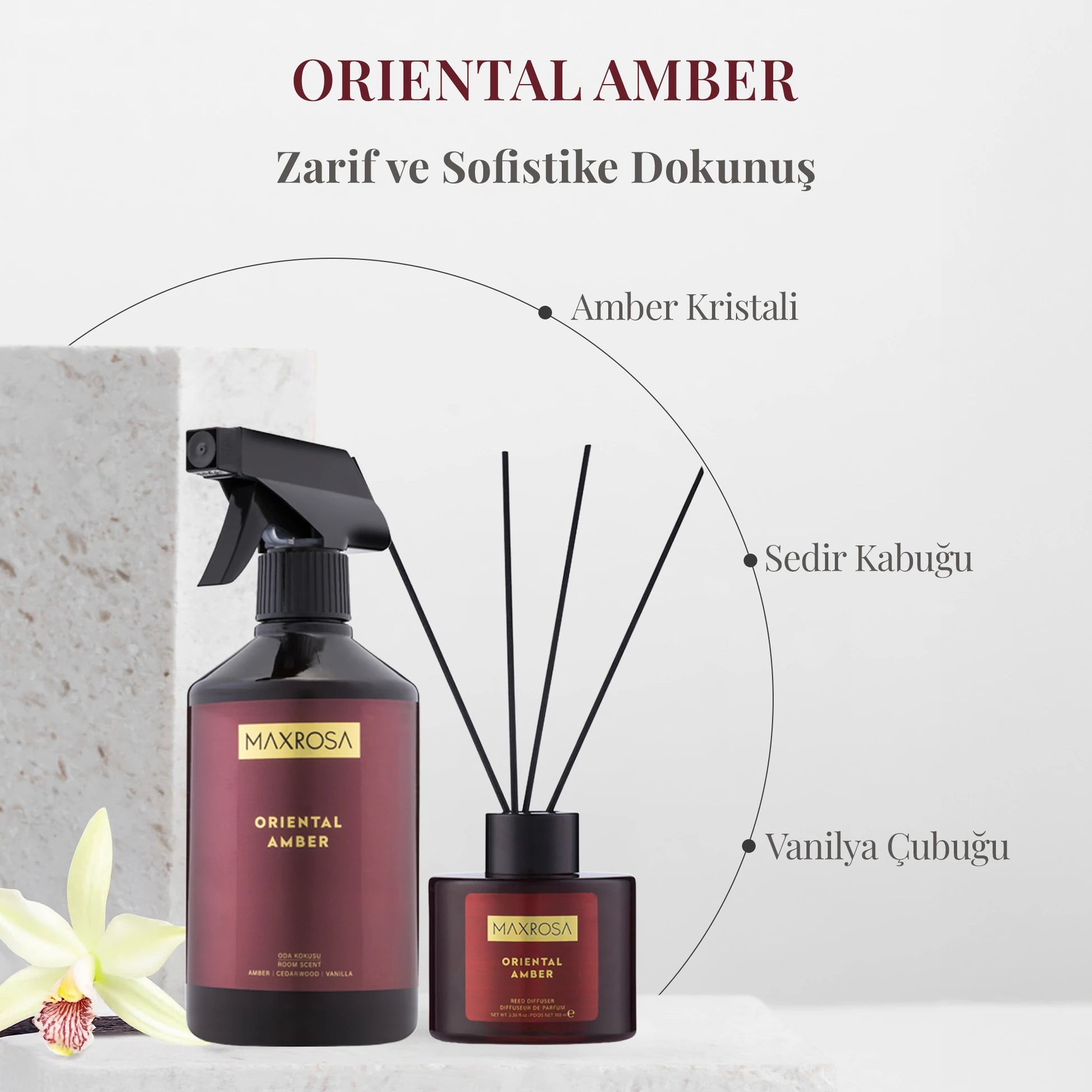 Maxrosa Oriental Amber oda koku spreyi ile yaşam alanlarında anında ferahlık sağlayan, kalıcı ve etkileyici kokusu ile ortama sıcak ve şık bir atmosfer kazandıran oda kokusu