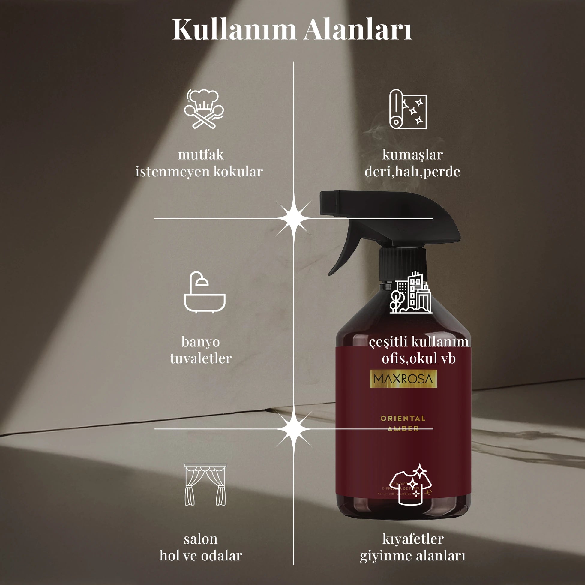 Maxrosa Oriental Amber oda koku spreyi ile yaşam alanlarında anında ferahlık sağlayan, kalıcı ve etkileyici kokusu ile ortama sıcak ve şık bir atmosfer kazandıran oda kokusu