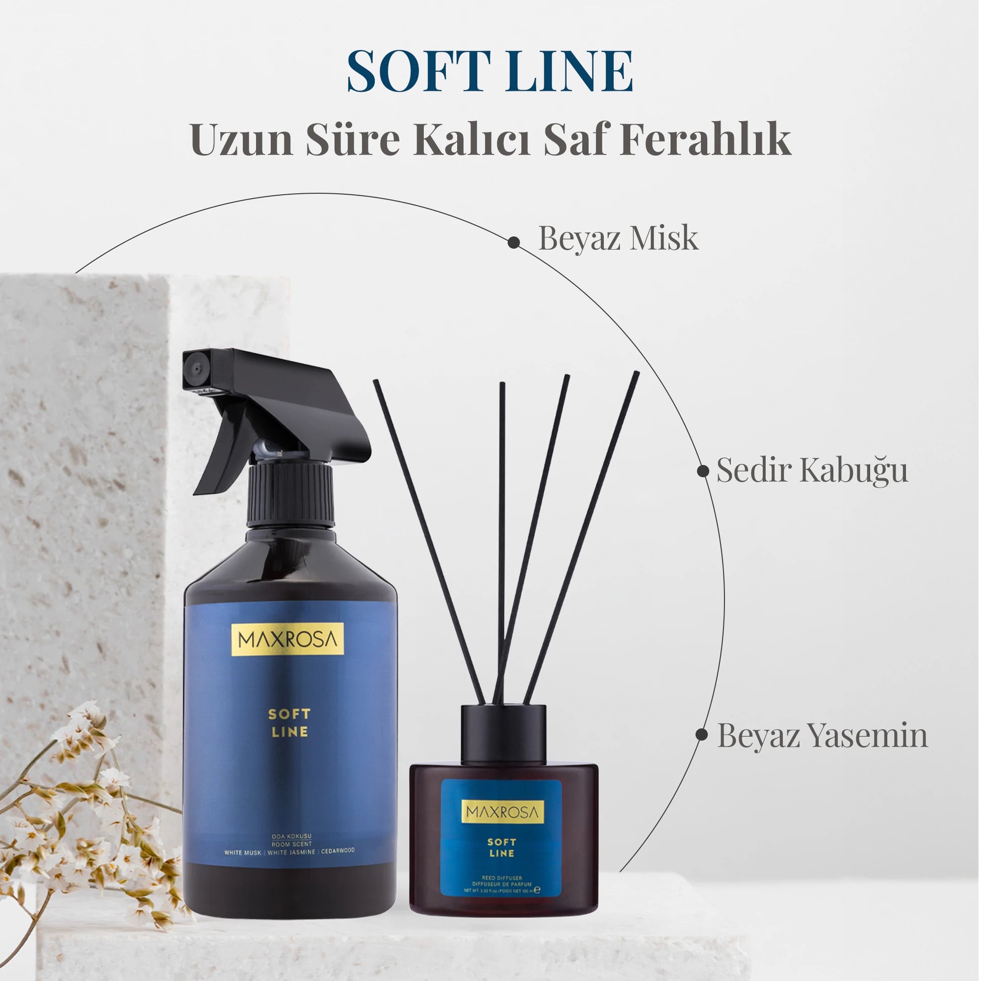 Maxrosa Soft Line reed diffuser çubuklu oda kokusu ile yaşam alanlarında hoş ve kalıcı bir koku sağlayan, dekoratif tasarımıyla ortama şıklık ve ferahlık katan oda kokusu