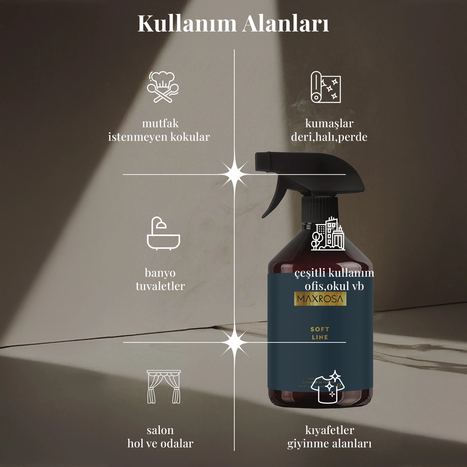 Maxrosa Soft Line oda koku spreyi ile yaşam alanlarında anında ferahlık sağlayan, kalıcı hoş kokusu ile ortamın atmosferini yenileyen etkili oda kokusu