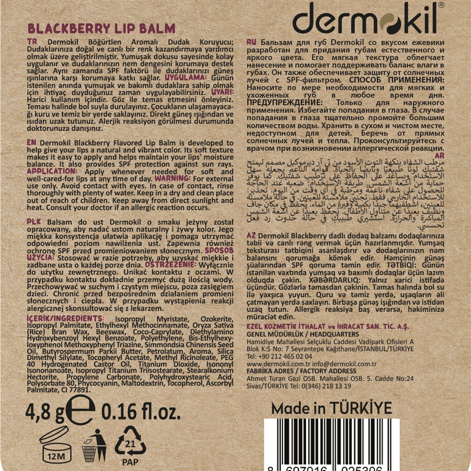 Nemlendirici Böğürtlen SPF 20 Lip Balm 4,8 g - Dermokil