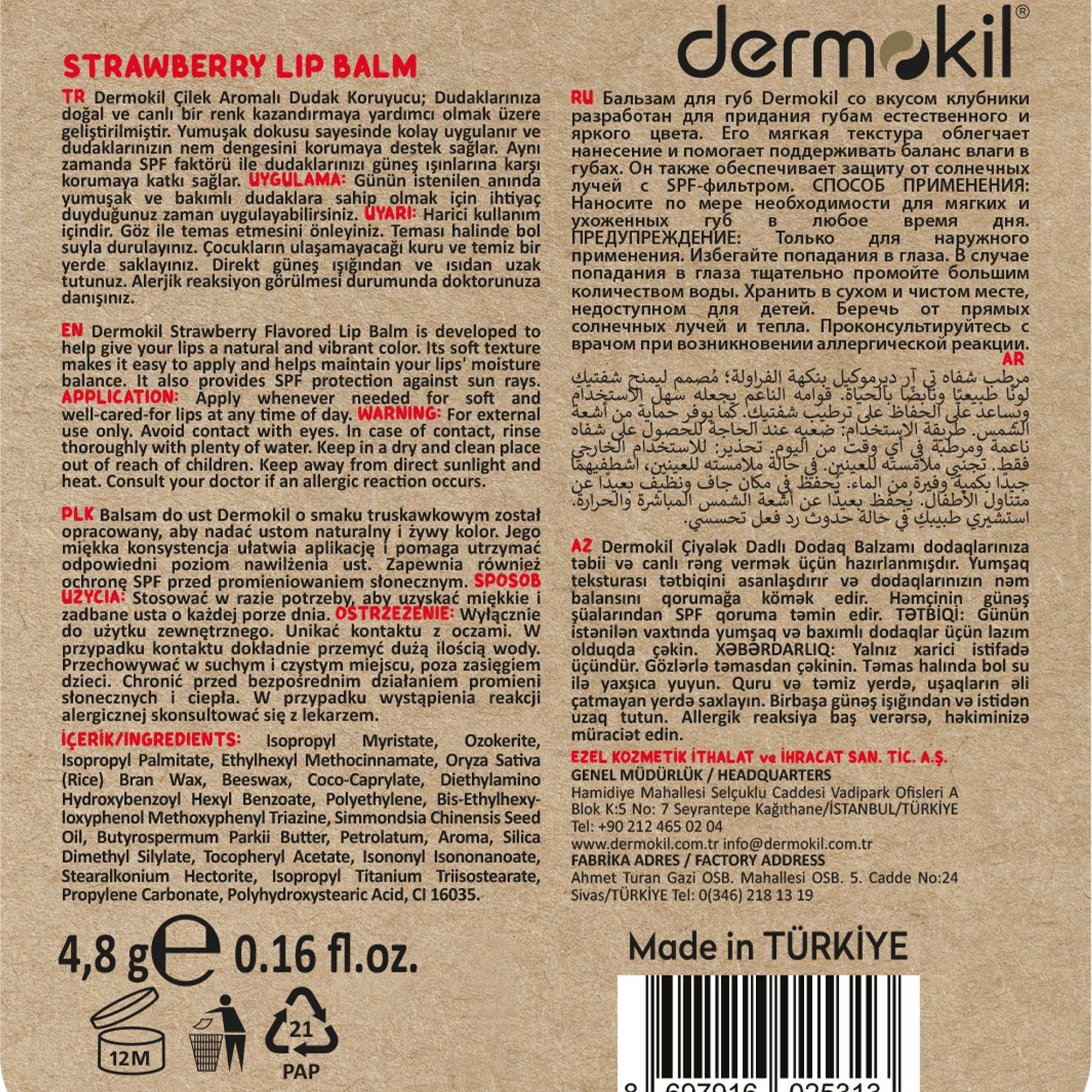 Nemlendirici Çilek SPF 20 Lip Balm 4,8 g - Dermokil
