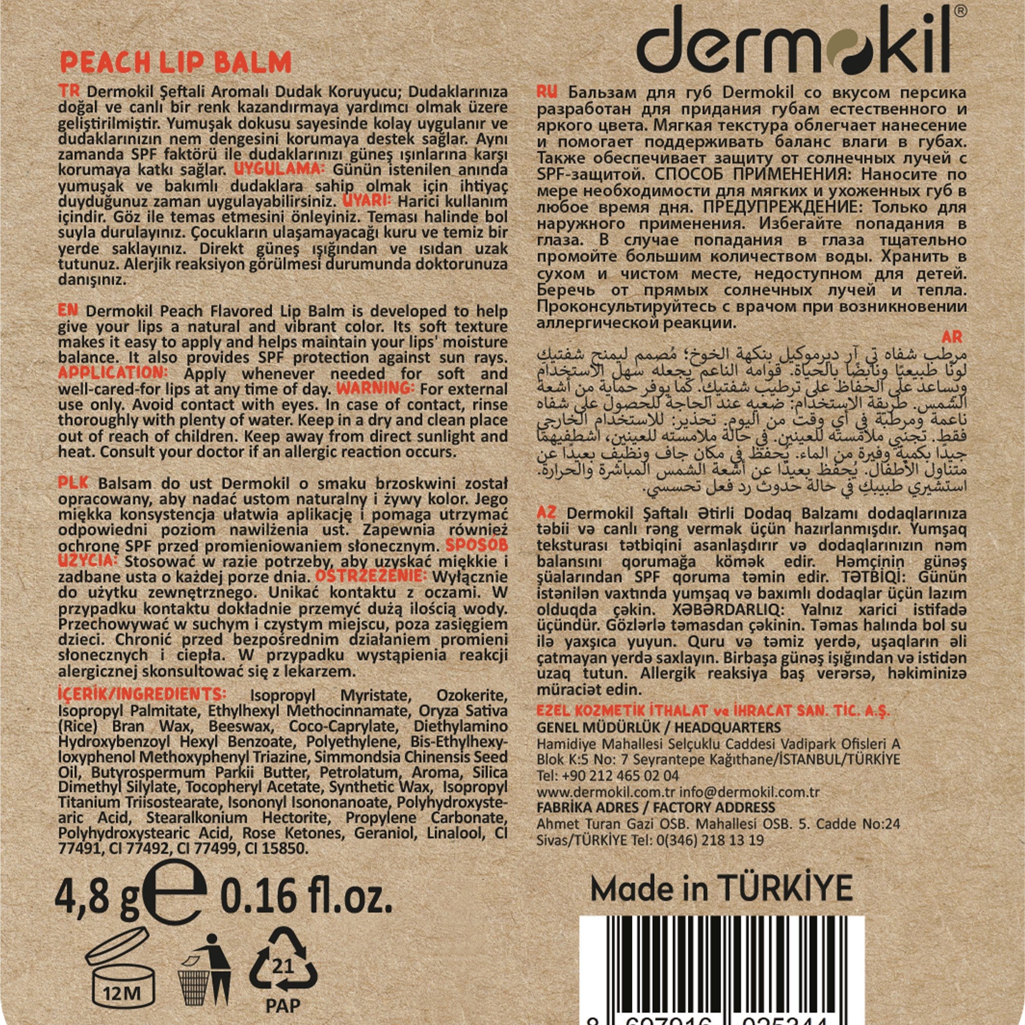 Nemlendirici Şeftali SPF 20 Lip Balm 4,8 g - Dermokil