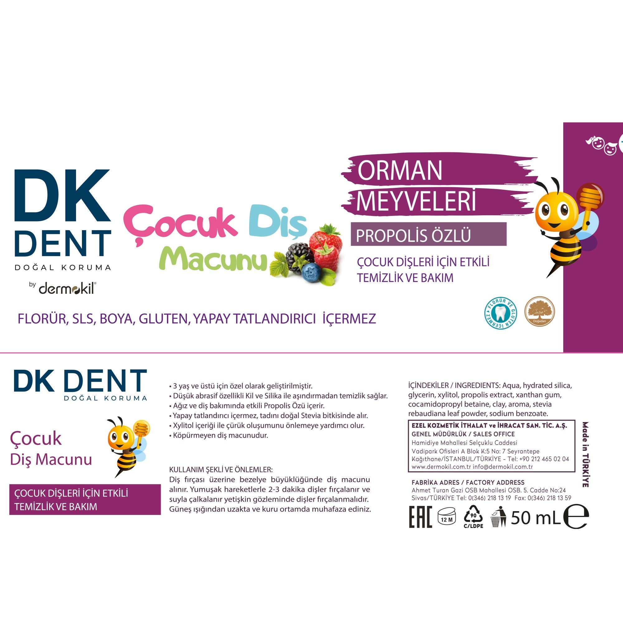 Orman Meyveli Florürsüz Çocuk Diş Macunu 50 ml 2'li Set, Dermokil.