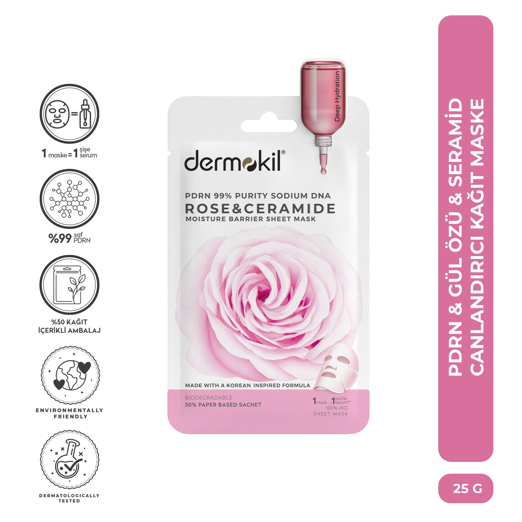 PDRN %99 Sodium DNA & Gül ve Seramid Canlandırıcı Kağıt Yüz Maskesi 25 g - Dermokil