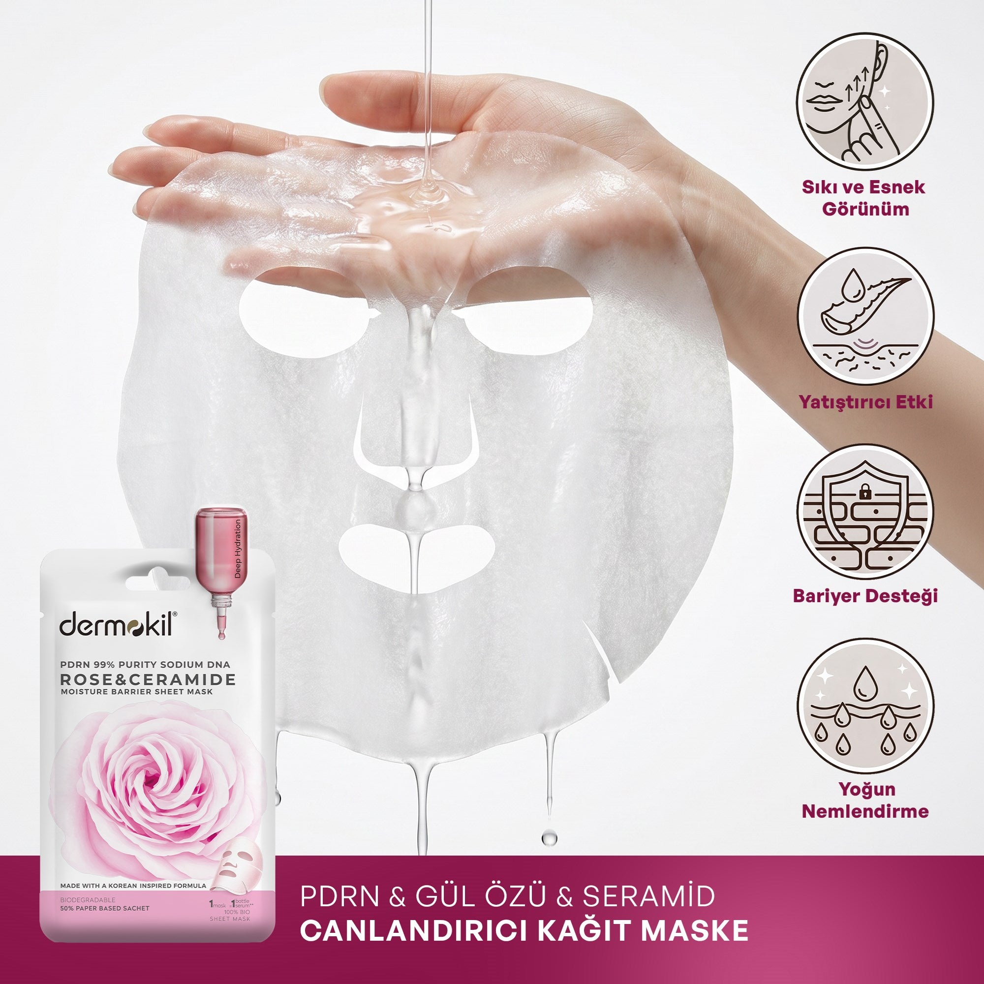 PDRN %99 Sodium DNA & Gül ve Seramid Canlandırıcı Kağıt Yüz Maskesi 25 g - Dermokil