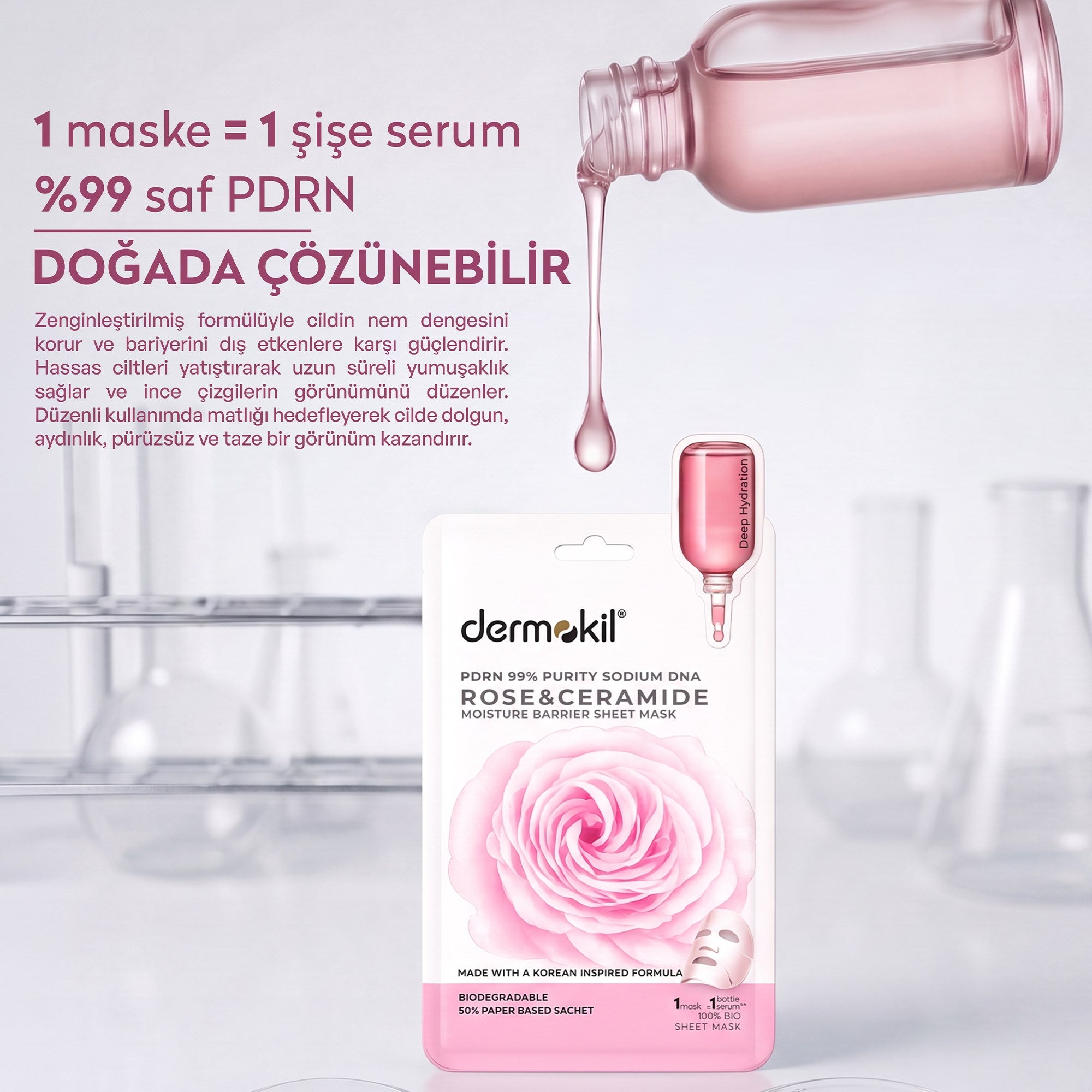 PDRN %99 Sodium DNA & Gül ve Seramid Canlandırıcı Kağıt Yüz Maskesi 25 g - Dermokil