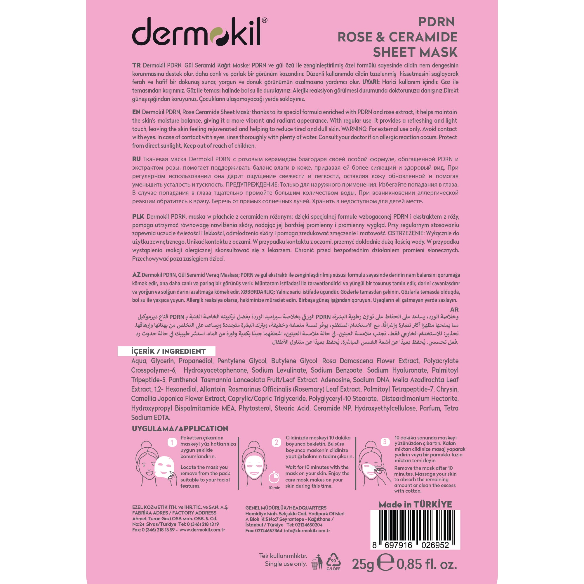 PDRN %99 Sodium DNA & Gül ve Seramid Canlandırıcı Kağıt Yüz Maskesi 25 g - Dermokil