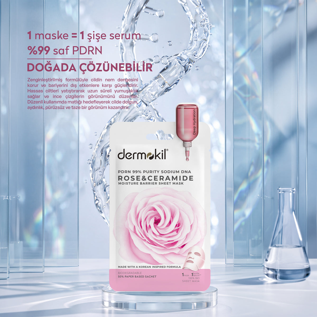 PDRN %99 Sodium DNA & Gül ve Seramid Canlandırıcı Kağıt Yüz Maskesi 25 g - Dermokil