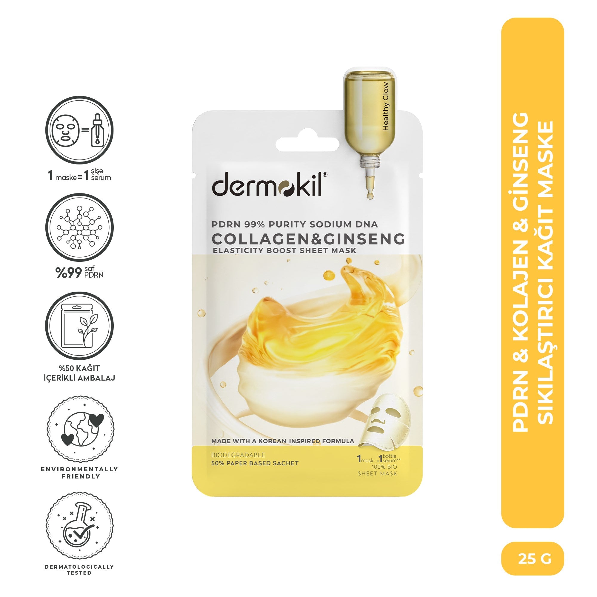 PDRN %99 Sodium DNA & Kolajen ve Ginseng Sıkılaştırıcı Kağıt Yüz Maskesi 25 g - Dermokil