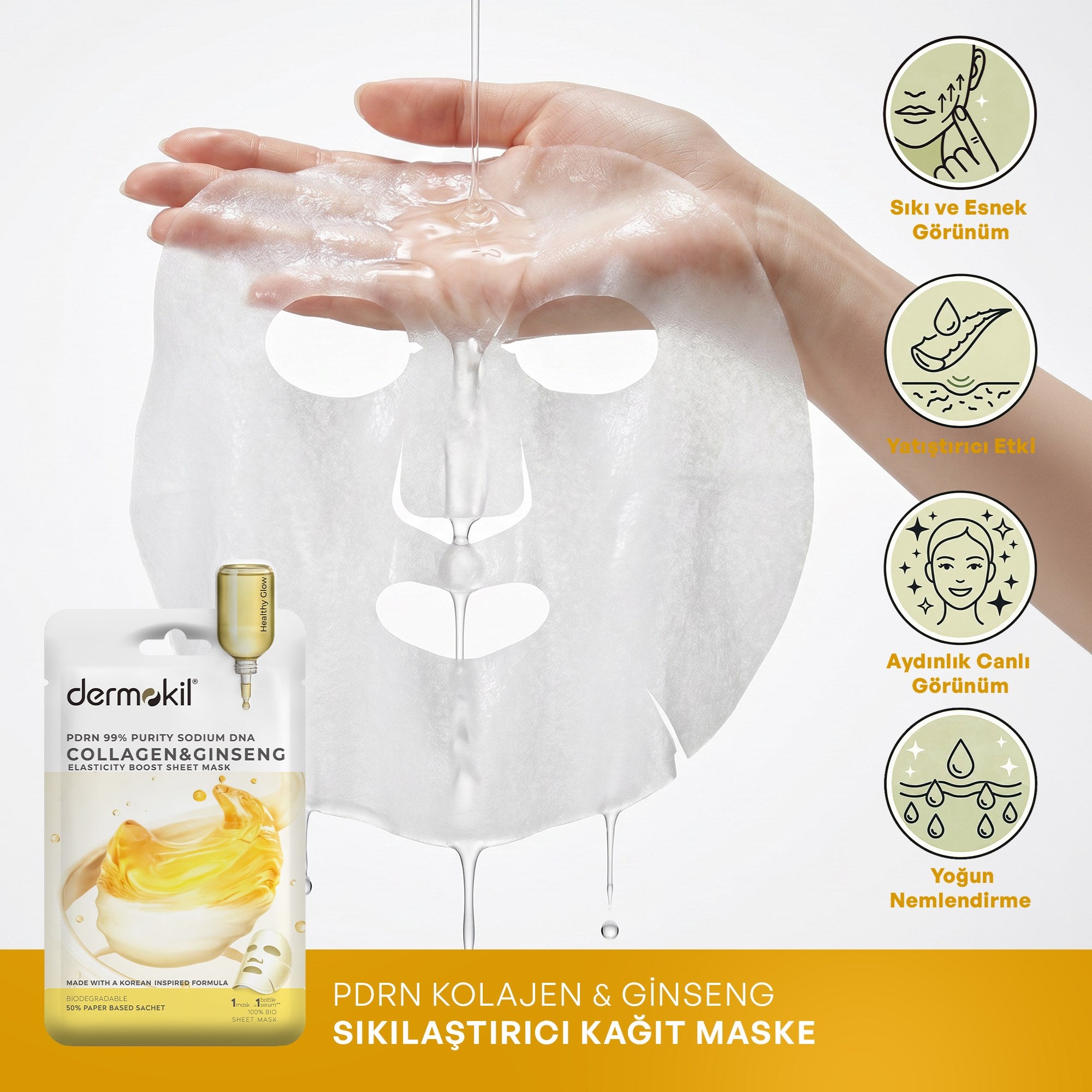 PDRN %99 Sodium DNA & Kolajen ve Ginseng Sıkılaştırıcı Kağıt Yüz Maskesi 25 g - Dermokil