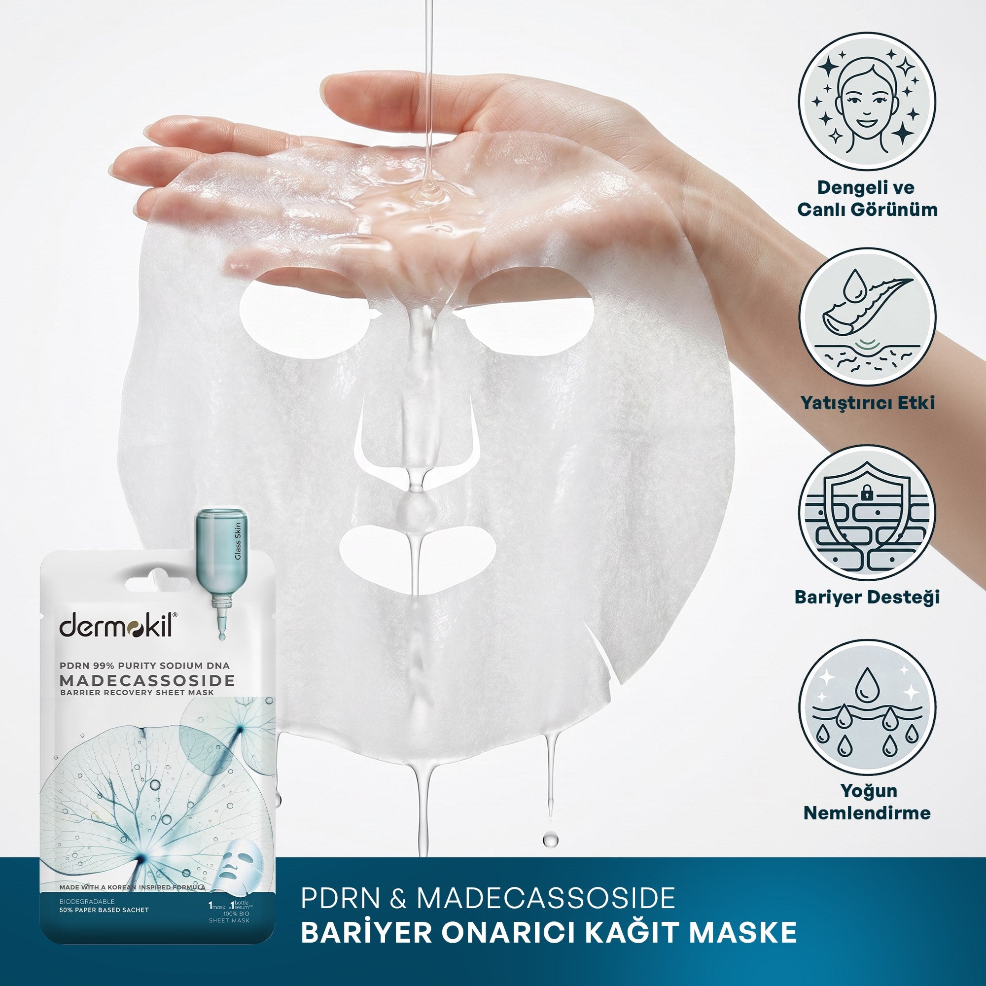 PDRN %99 Sodium DNA & Madecassoside Bariyer Onarıcı Kağıt Yüz Maskesi 25 g - Dermokil