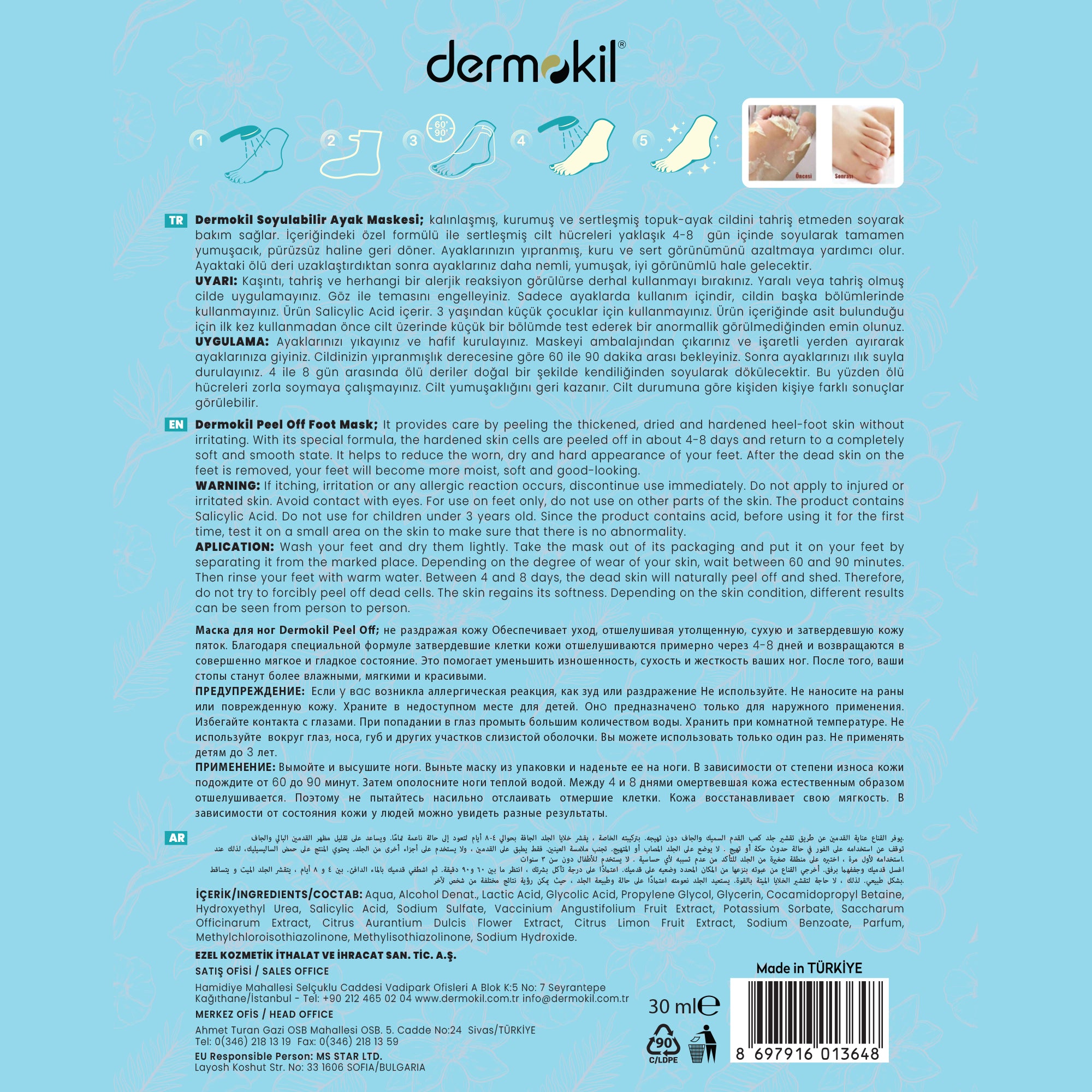 Peeling Etkili Soyulabilir Ayak Maskesi 30 ml - Dermokil