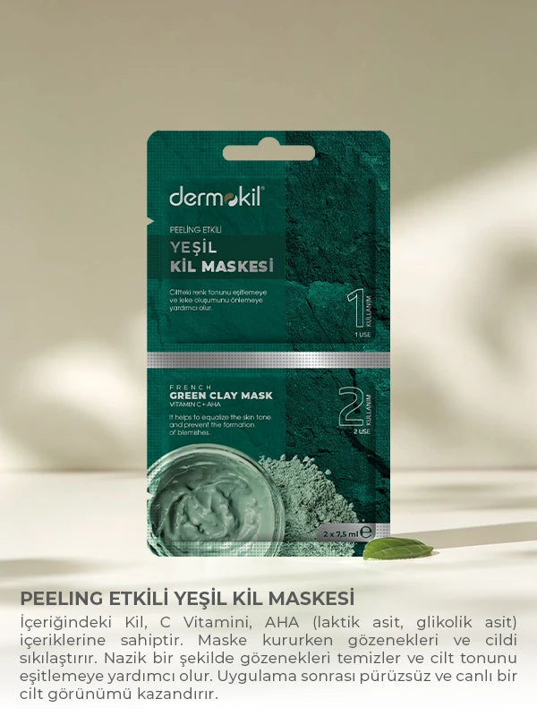 Peeling etkili yeşil kil maske ile cildi arındıran, ölü deriyi temizleyen ve daha pürüzsüz, canlı bir cilt görünümü sağlamaya yardımcı bakım ürünü