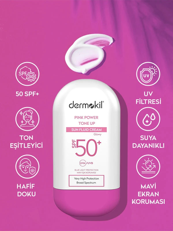 SPF 50 pembe ton eşitleyici fluid güneş kremi ile cildi UV ışınlarına karşı koruyan, cilt tonunu eşitleyen ve daha aydınlık, canlı bir görünüm kazandırmaya yardımcı güneş koruyucu