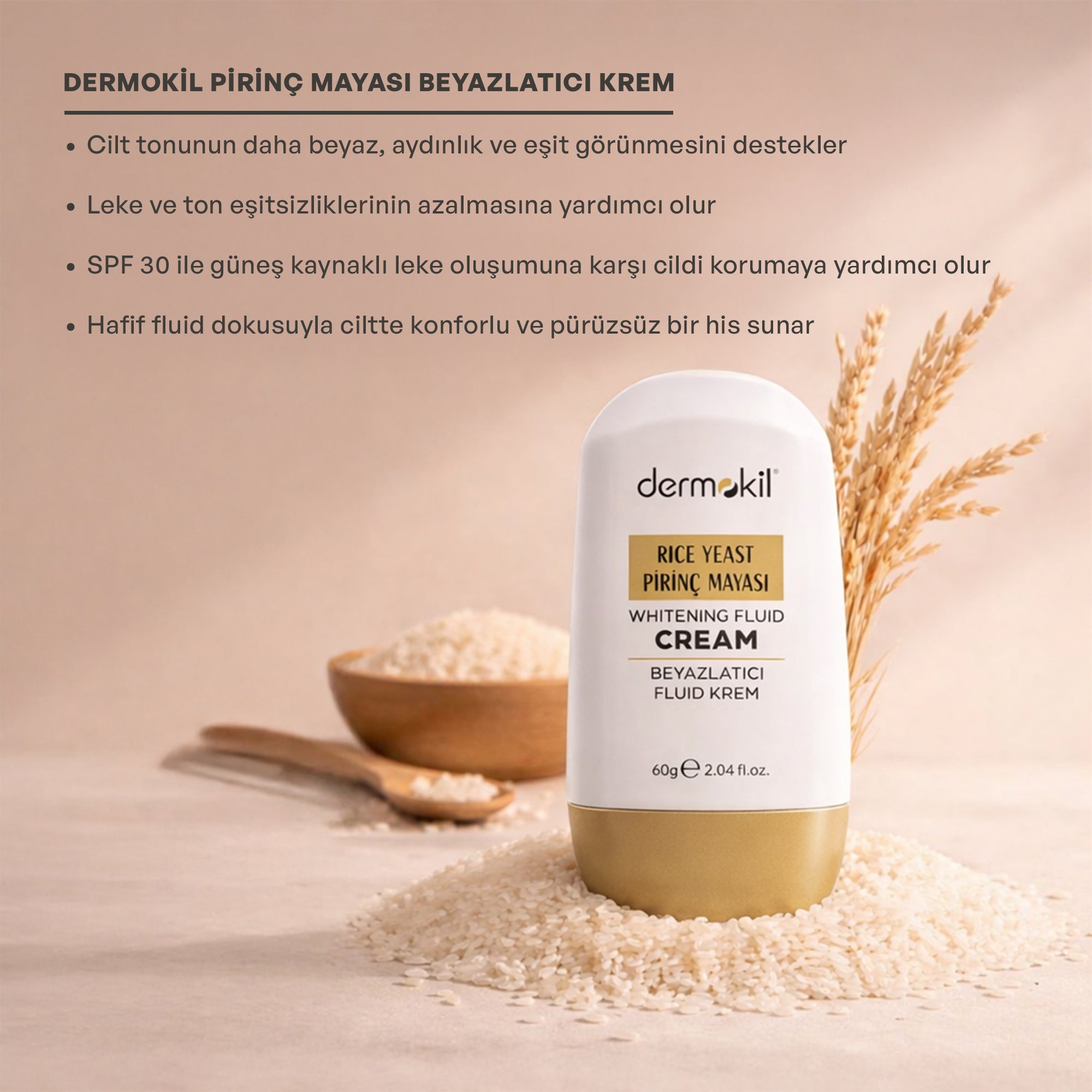 Pirinç mayası içeren beyazlatıcı SPF 30 fluid krem ile cilt tonunu eşitleyen, aydınlık görünüm kazandıran ve güneşin zararlı etkilerine karşı koruma sağlayan hafif yapılı yüz kremi