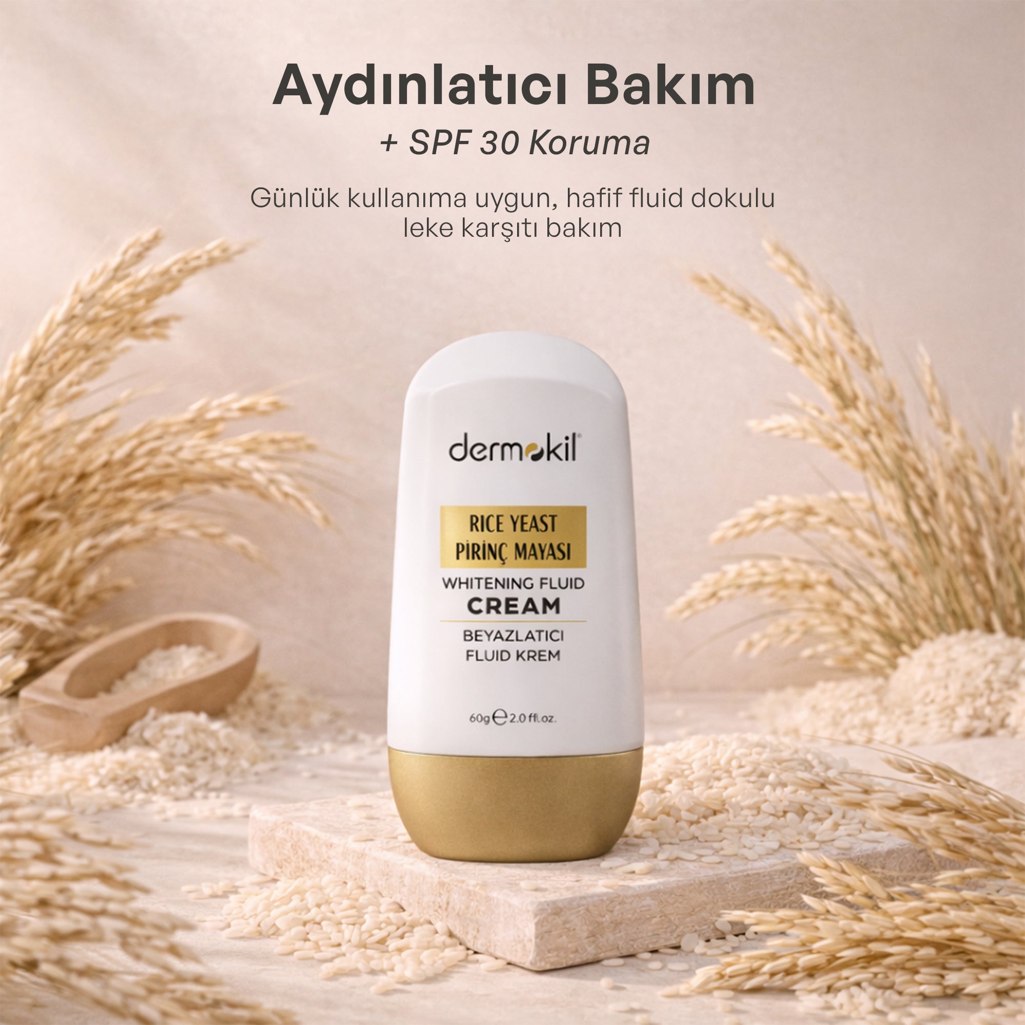 Pirinç mayası içeren beyazlatıcı SPF 30 fluid krem ile cilt tonunu eşitleyen, aydınlık görünüm kazandıran ve güneşin zararlı etkilerine karşı koruma sağlayan hafif yapılı yüz kremi