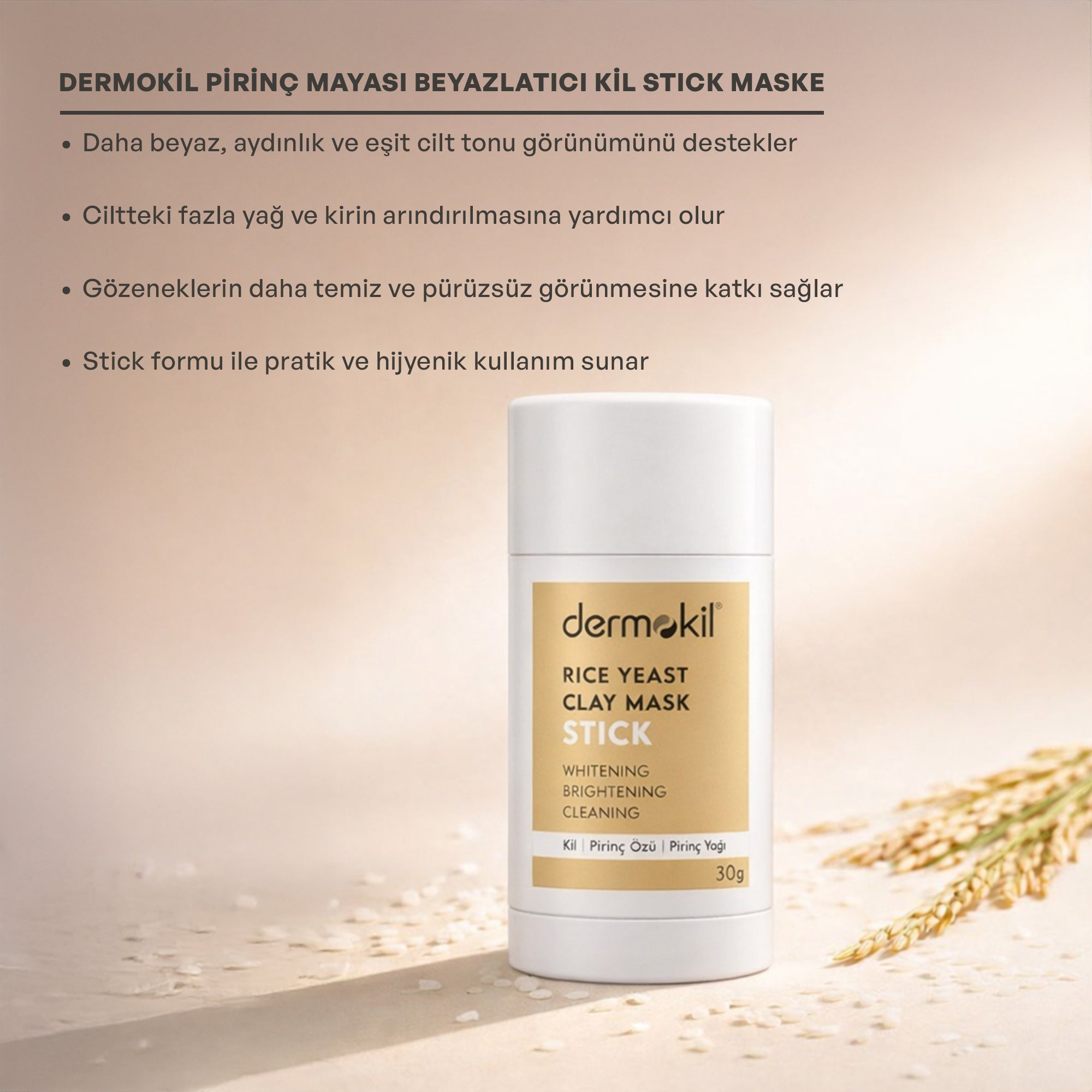 Pirinç mayası içerikli aydınlatıcı stick kil maske ile cildi arındıran, cilt tonunu eşitleyen ve daha parlak, pürüzsüz ve canlı bir cilt görünümü kazandırmaya yardımcı pratik bakım ürünü