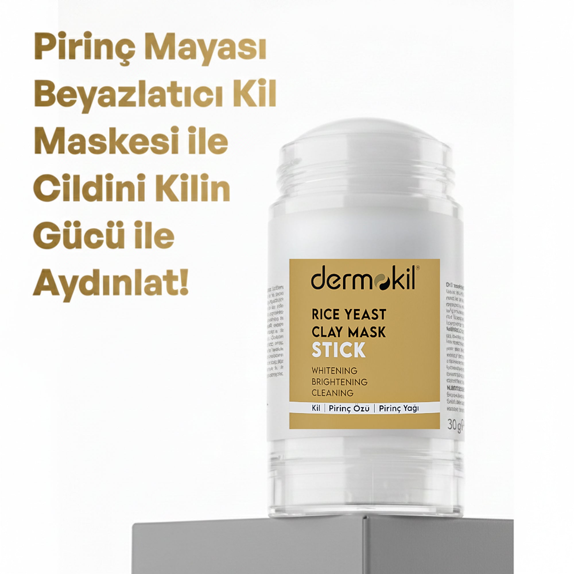 Pirinç mayası içerikli aydınlatıcı stick kil maske ile cildi arındıran, cilt tonunu eşitleyen ve daha parlak, pürüzsüz ve canlı bir cilt görünümü kazandırmaya yardımcı pratik bakım ürünü