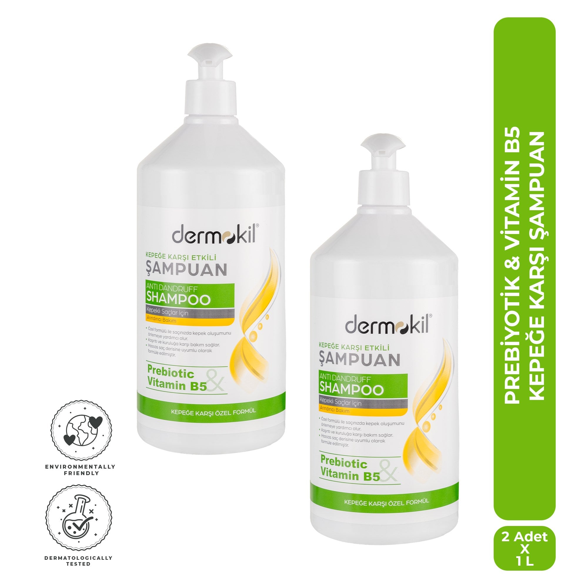 Kepeğe Karşı Prebiyotik Vitamin B5 Şampuan 1 lt 2'li Set, Dermokil.