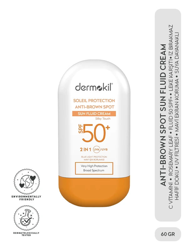 Leke karşıtı SPF 50 fluid güneş kremi ile cildi güneşin zararlı etkilerine karşı koruyan, cilt tonunu eşitlemeye yardımcı olan ve hafif yapısıyla kolay emilen güneş koruyucu
