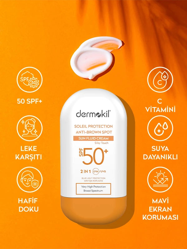 Leke karşıtı SPF 50 fluid güneş kremi ile cildi güneşin zararlı etkilerine karşı koruyan, cilt tonunu eşitlemeye yardımcı olan ve hafif yapısıyla kolay emilen güneş koruyucu