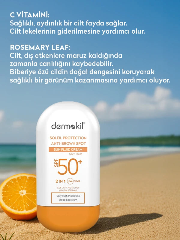 Leke karşıtı SPF 50 fluid güneş kremi ile cildi güneşin zararlı etkilerine karşı koruyan, cilt tonunu eşitlemeye yardımcı olan ve hafif yapısıyla kolay emilen güneş koruyucu