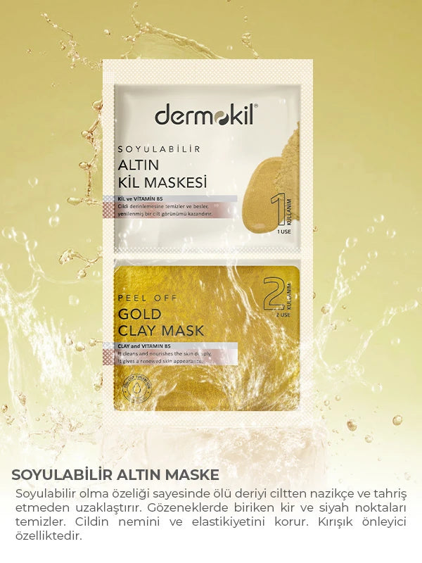 Soyulabilir altın maske 2’li set ile cildi arındıran, ölü deriyi temizleyen ve daha parlak, pürüzsüz bir cilt görünümü kazandırmaya yardımcı olan bakım ürünü