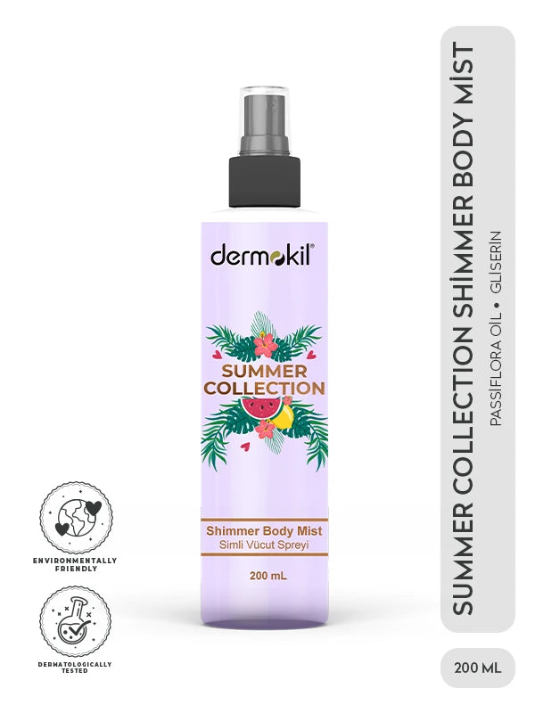 Summer Collection shimmer simli vücut spreyi ile cilde ışıltılı görünüm kazandıran, ferahlatan ve hoş kokusuyla gün boyu tazelik sağlayan bakım ürünü