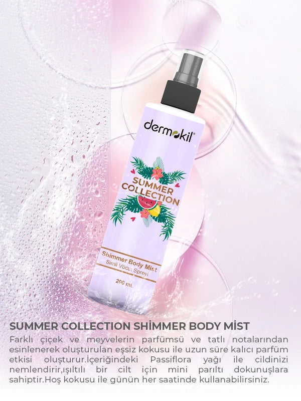 Summer Collection shimmer simli vücut spreyi ile cilde ışıltılı görünüm kazandıran, ferahlatan ve hoş kokusuyla gün boyu tazelik sağlayan bakım ürünü