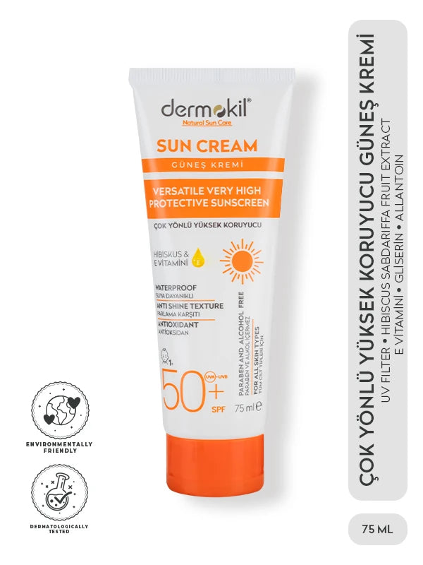 Çok yönlü SPF 50 güneş kremi ile cildi güneşin zararlı UV ışınlarına karşı koruyan, nemlendiren ve günlük kullanım için yüksek koruma sağlayan yüz ve vücut güneş koruyucu