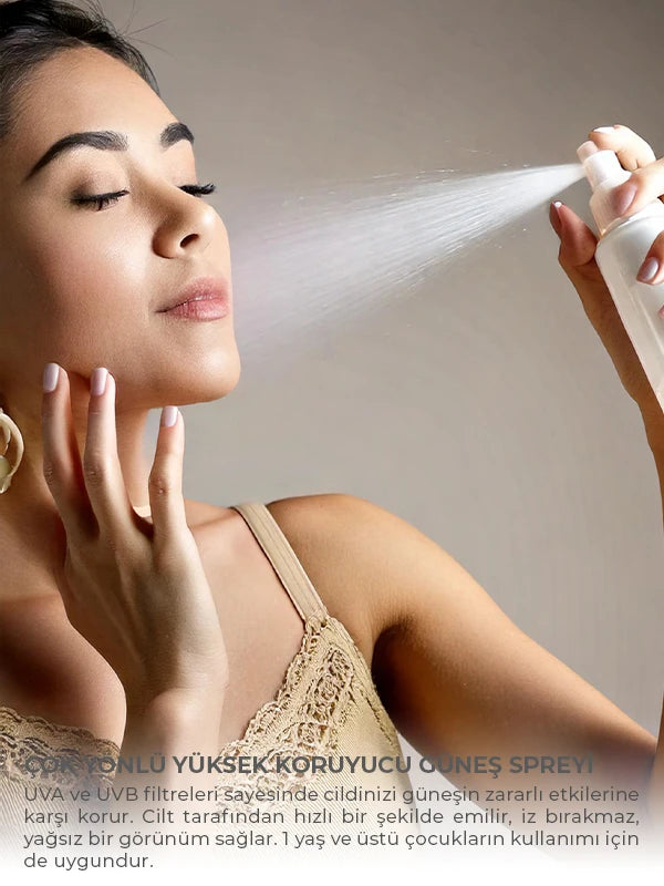 Çok yönlü SPF 50 güneş spreyi ile cildi güneşin zararlı UV ışınlarına karşı koruyan, hafif yapısı ve pratik uygulamasıyla tüm vücut için etkili koruma sağlayan güneş koruyucu