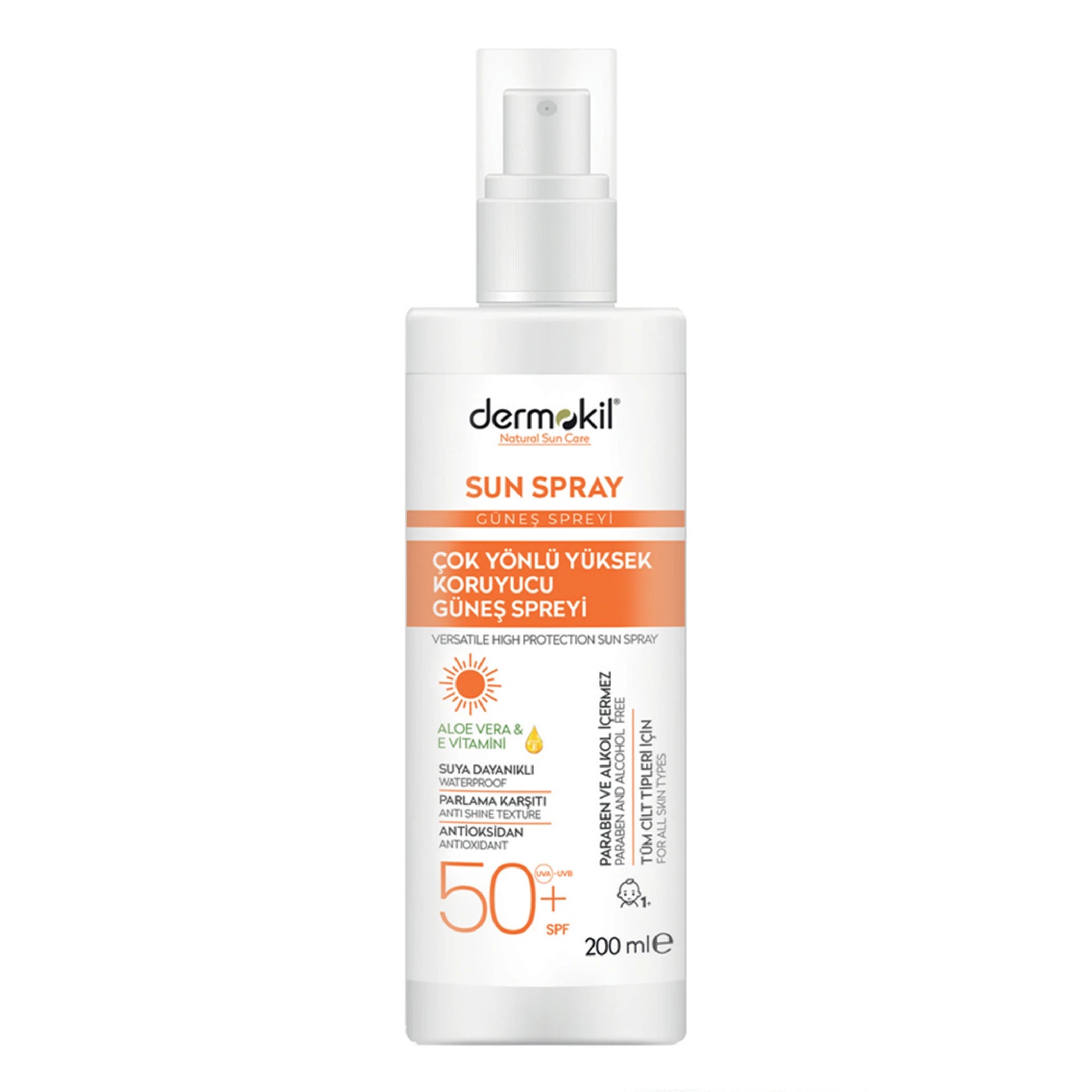 Suya Dayanıklı Parlama Karşıtı 50 SPF+ Güneş Spreyi 200 ml, Güneş Koruyucu ve Bakımı, Dermokil.