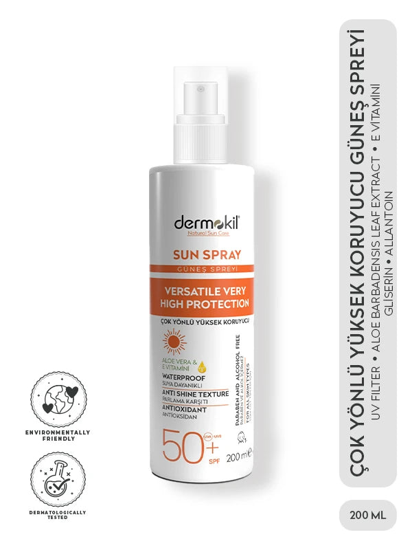 Suya Dayanıklı Parlama Karşıtı 50 SPF+ Güneş Spreyi 200 ml, Dermokil.