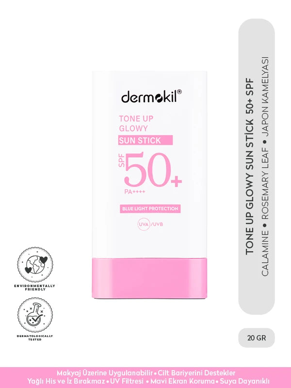 SPF 50 ton eşitleyici stick güneş kremi ile cilt tonunu dengeleyen, ışıltılı görünüm kazandıran ve güneşin zararlı etkilerine karşı koruma sağlayan pratik güneş koruyucu