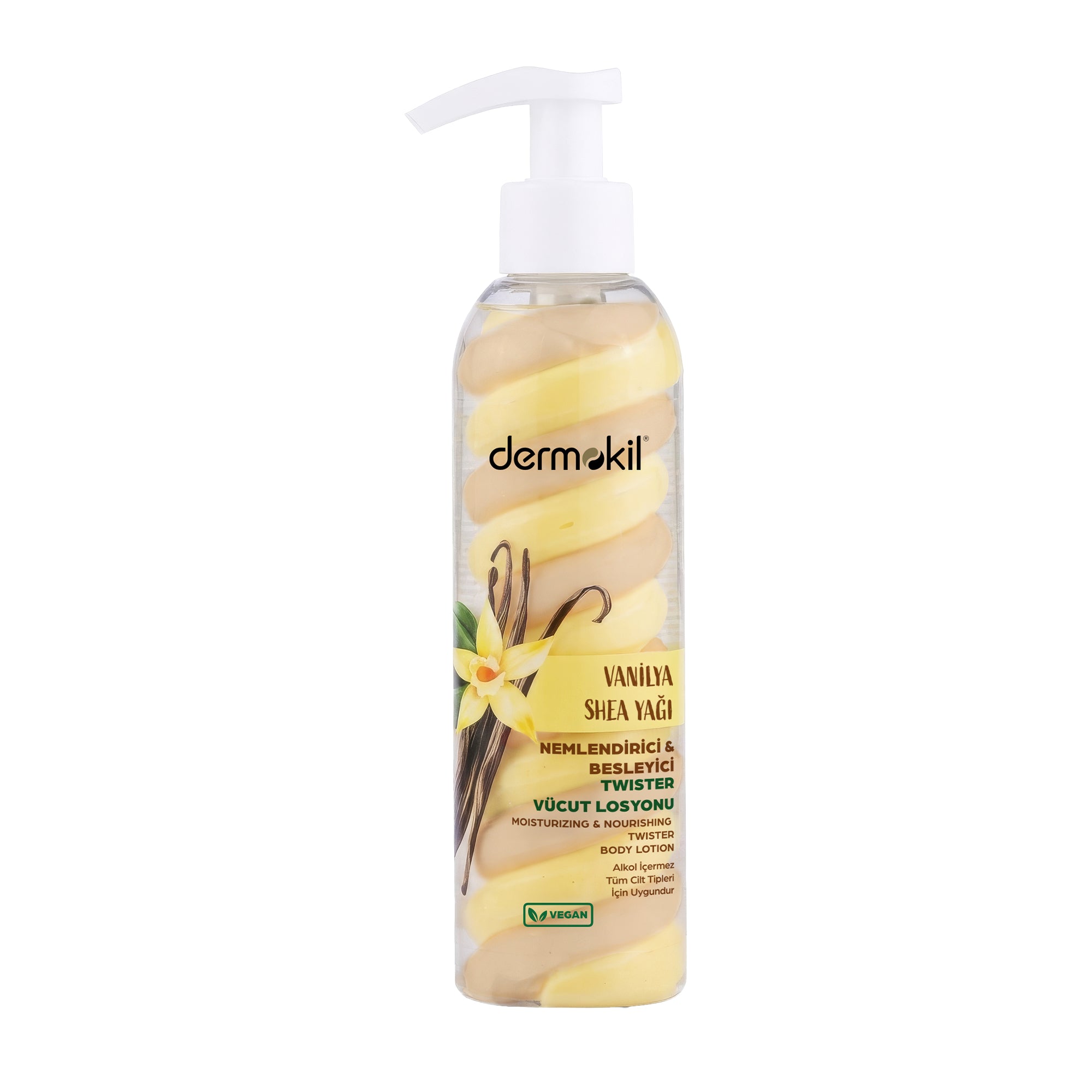 Vanilya ve shea yağı içeren vücut losyonu ile cildi yoğun nemlendiren, yumuşatan ve hoş kokusuyla gün boyu bakım sağlayan vücut bakım ürünü