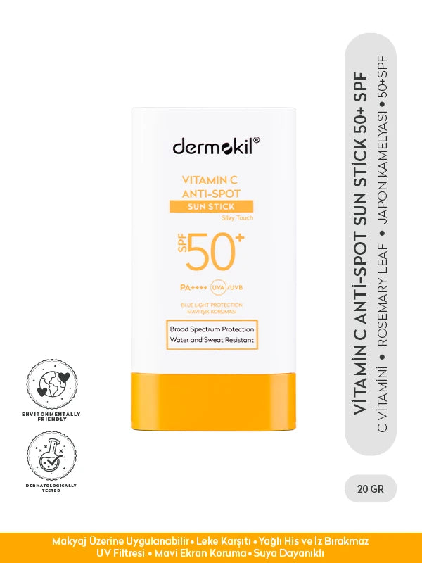 C vitamini içeren leke karşıtı stick güneş kremi SPF 50 ile cilt tonunu destekleyen, leke oluşumunu önlemeye yardımcı olan ve pratik kullanımıyla yüksek koruma sağlayan güneş koruyucu