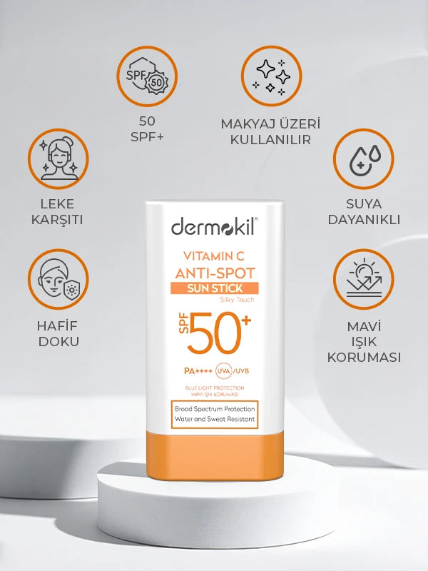 C vitamini içeren leke karşıtı stick güneş kremi SPF 50 ile cilt tonunu destekleyen, leke oluşumunu önlemeye yardımcı olan ve pratik kullanımıyla yüksek koruma sağlayan güneş koruyucu